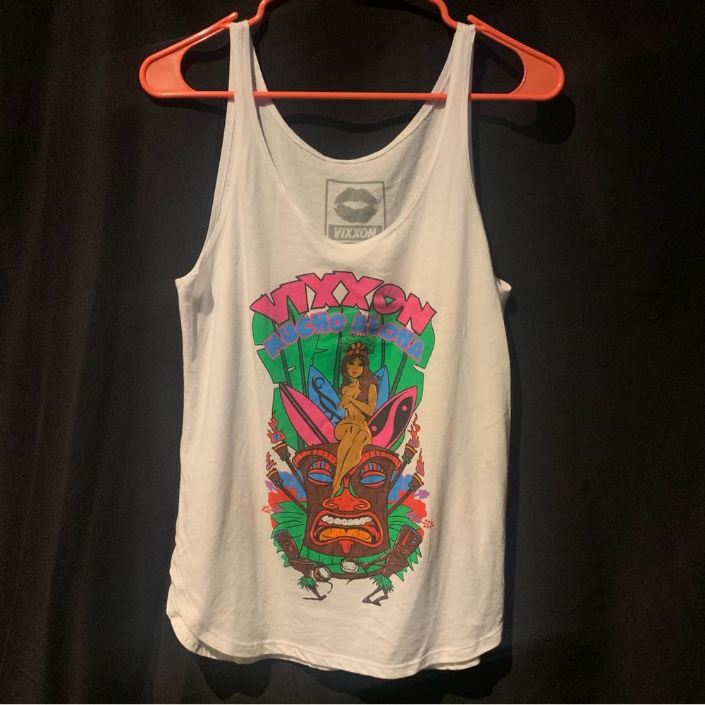 Dixxon Womens Vixxon Tank Top Shirt Used White Scooped 17x24 Aloha Hawaii Sz S